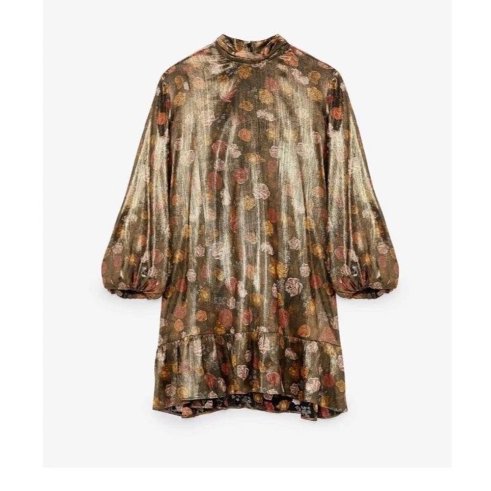 ZARA Floral Shiny Metallic Satin Dress